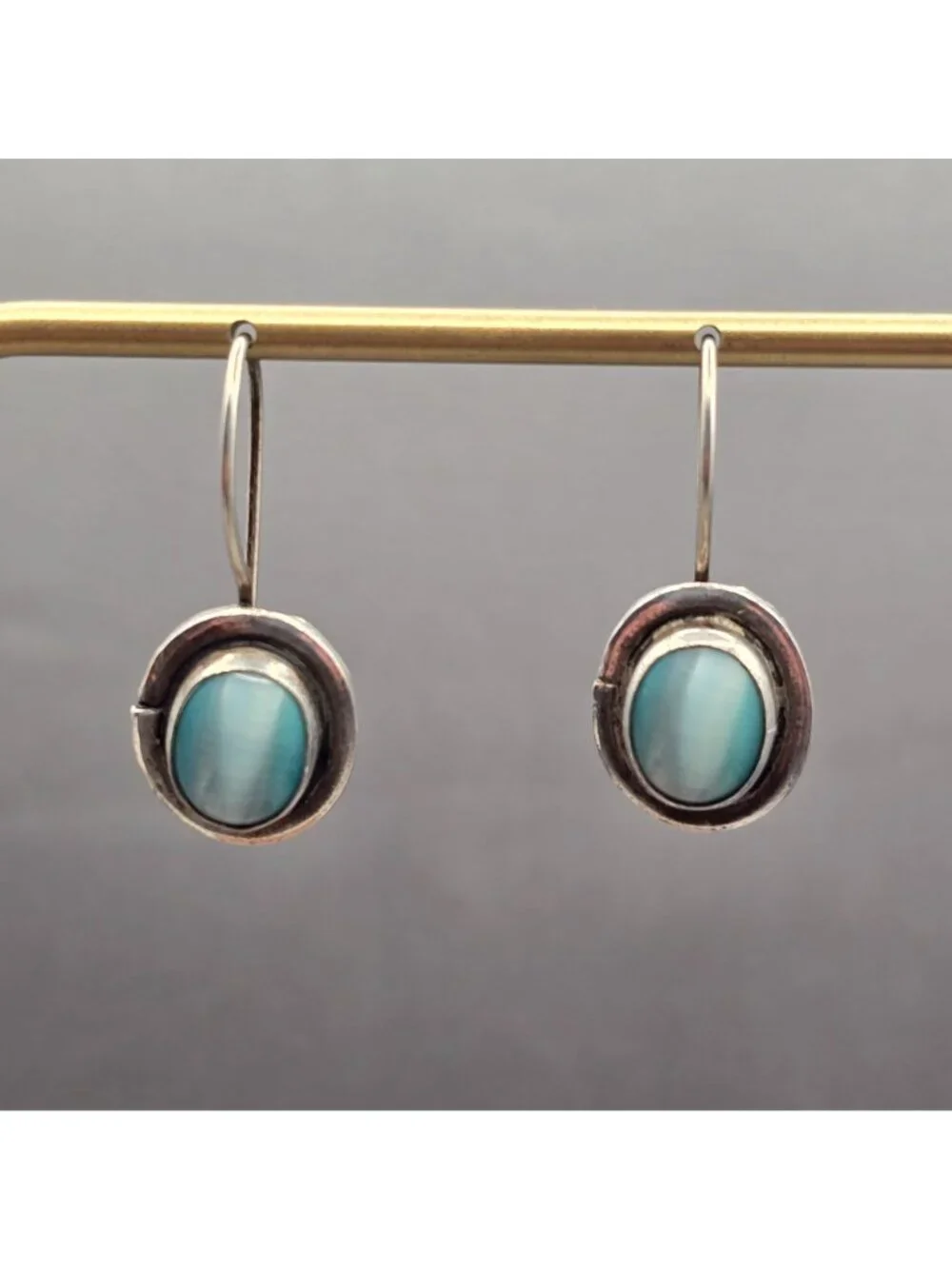 Vintage Sezgin Sterling Silver Blue Cats Eye Drop Earrings Modernist Dangle - Picture 9 of 12